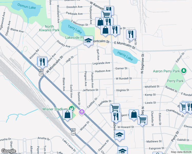 map of restaurants, bars, coffee shops, grocery stores, and more near 94 Putnam Avenue in Pontiac