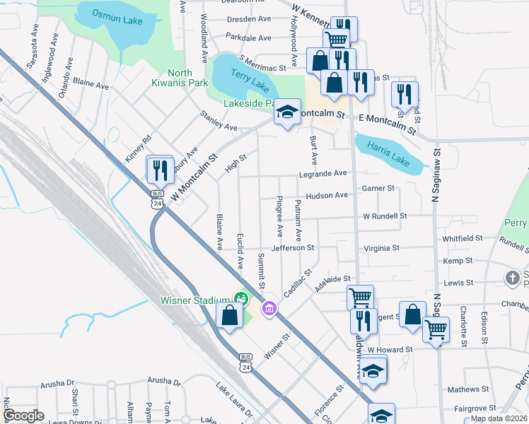 map of restaurants, bars, coffee shops, grocery stores, and more near 131 Summit Street in Pontiac