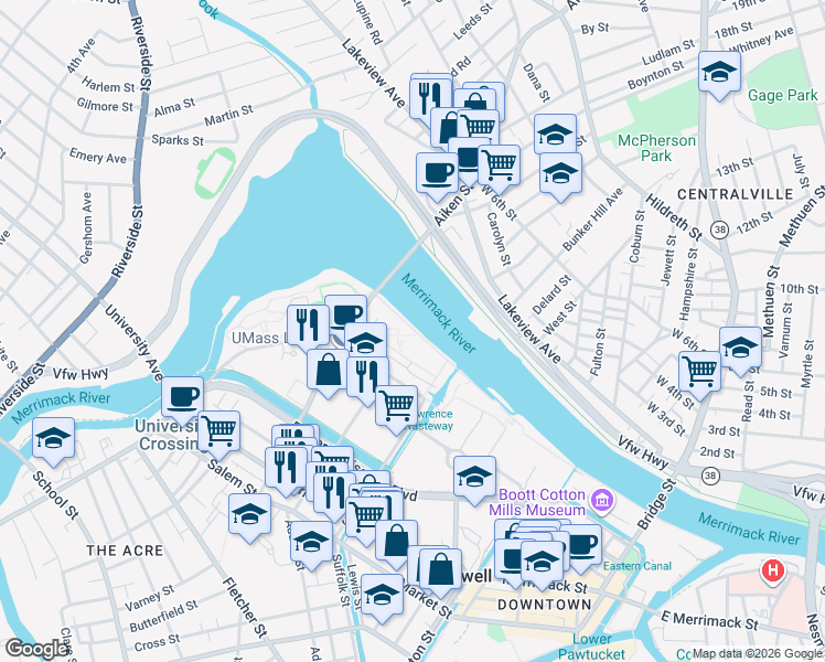 map of restaurants, bars, coffee shops, grocery stores, and more near 52 Lawrence Drive in Lowell