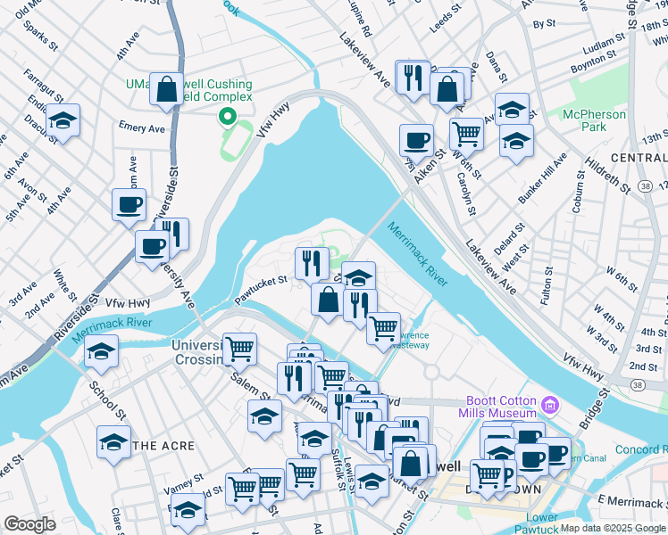 map of restaurants, bars, coffee shops, grocery stores, and more near 450 Aiken Avenue in Lowell