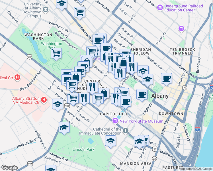 map of restaurants, bars, coffee shops, grocery stores, and more near 139.5 Jay Street in Albany
