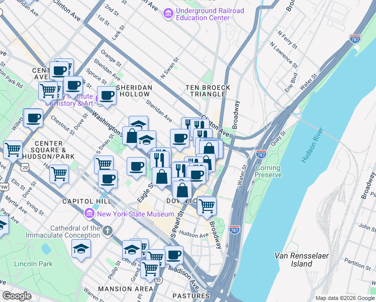 map of restaurants, bars, coffee shops, grocery stores, and more near 16 Eagle Street in Albany