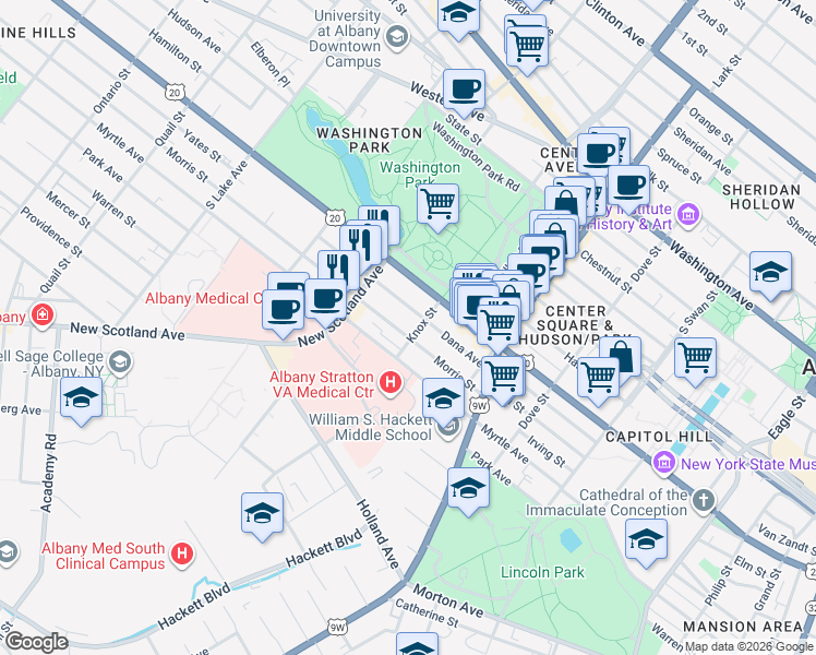map of restaurants, bars, coffee shops, grocery stores, and more near 78 Morris Street in Albany
