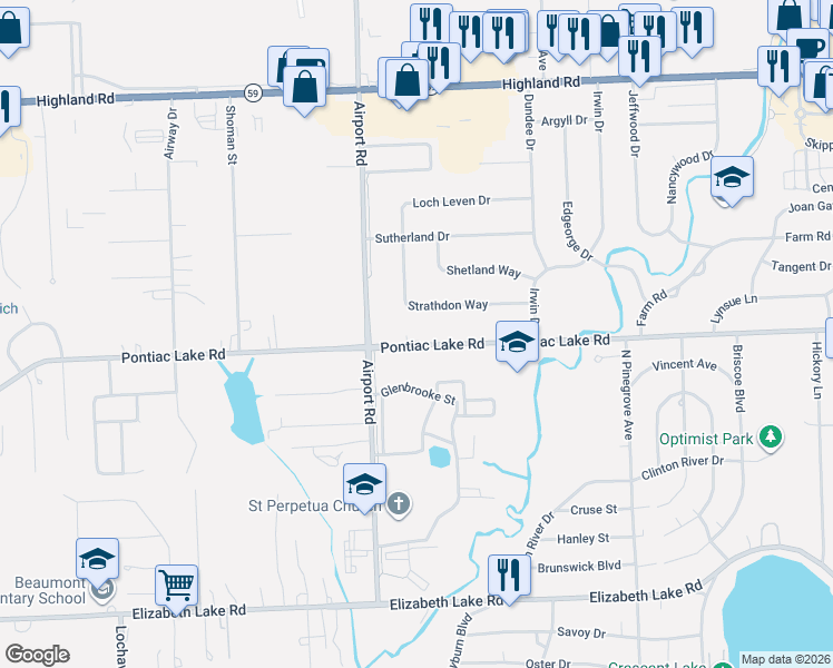 map of restaurants, bars, coffee shops, grocery stores, and more near 5952 Pontiac Lake Road in Waterford Township