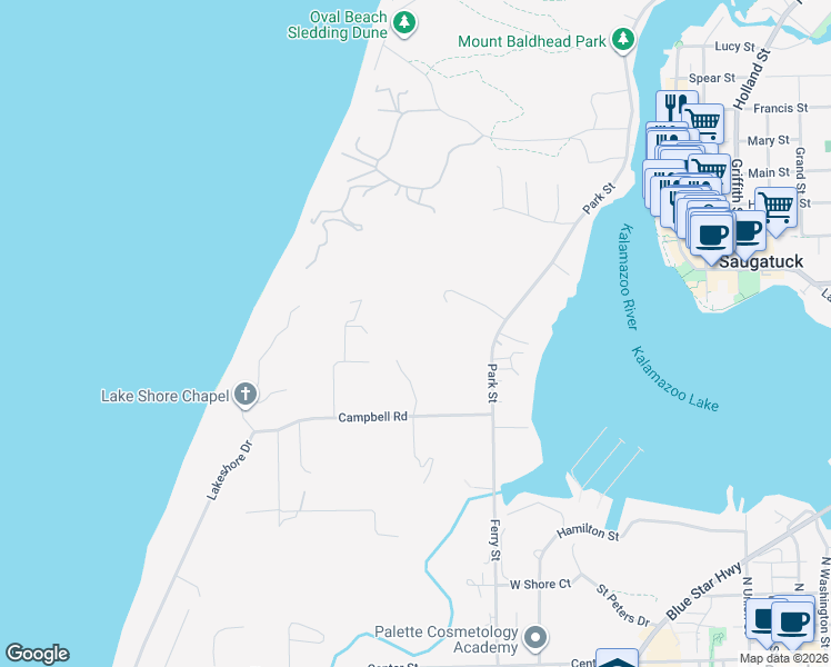 map of restaurants, bars, coffee shops, grocery stores, and more near 582 Campbell Road in Saugatuck