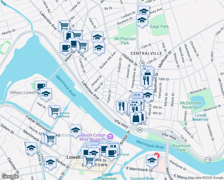 map of restaurants, bars, coffee shops, grocery stores, and more near 66 Coburn Street in Lowell