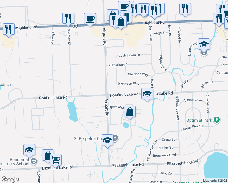 map of restaurants, bars, coffee shops, grocery stores, and more near 5952 Pontiac Lake Road in Waterford Township