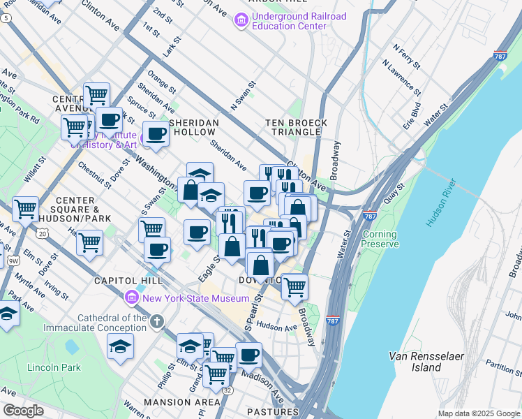map of restaurants, bars, coffee shops, grocery stores, and more near 103 Columbia Street in Albany