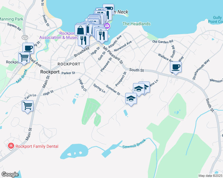 map of restaurants, bars, coffee shops, grocery stores, and more near 25 Prospect Street in Rockport