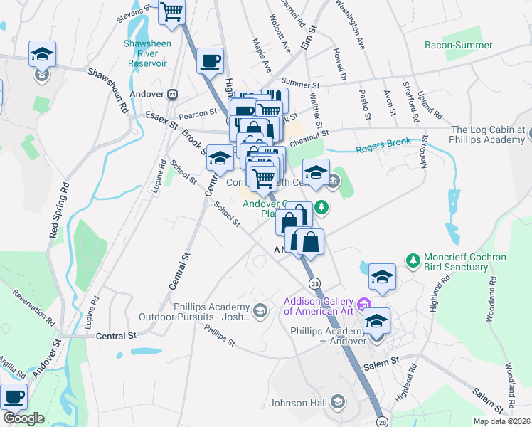 map of restaurants, bars, coffee shops, grocery stores, and more near 8 Locke Street in Andover