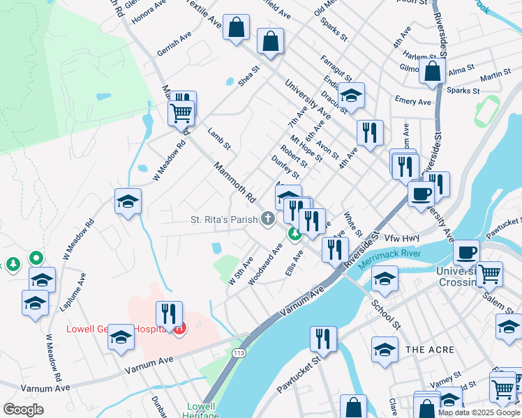 map of restaurants, bars, coffee shops, grocery stores, and more near 25 Columbia Road in Lowell