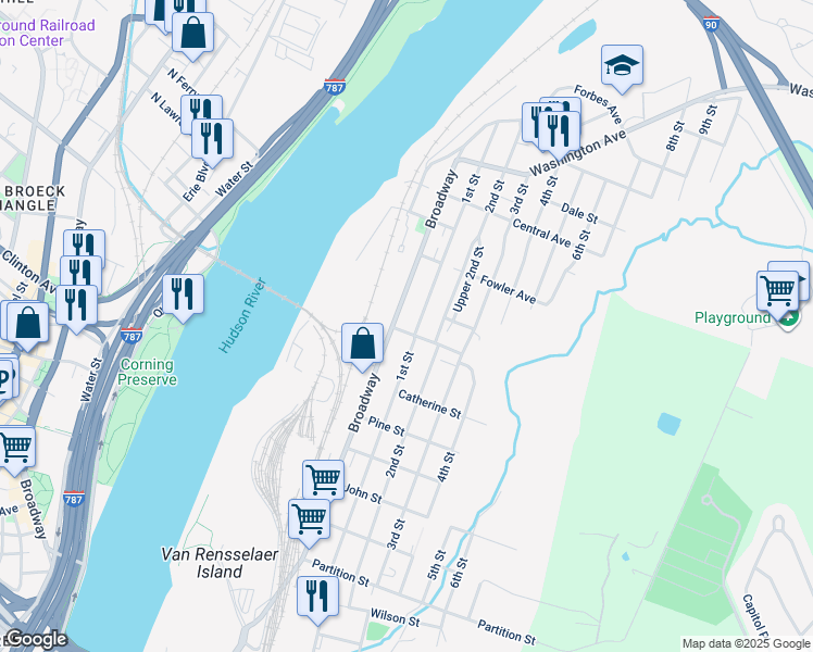 map of restaurants, bars, coffee shops, grocery stores, and more near 10 Macnaughton Avenue in Rensselaer