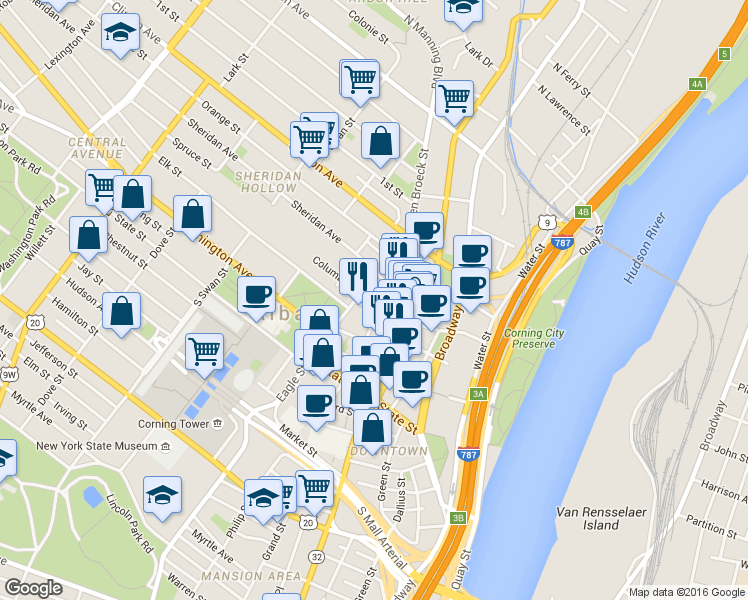 map of restaurants, bars, coffee shops, grocery stores, and more near 16 Eagle Street in Albany