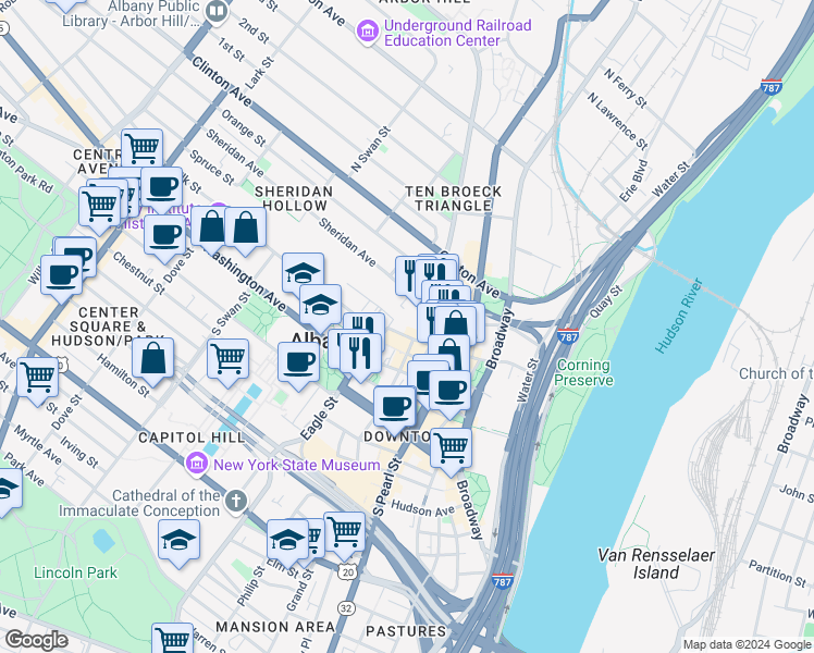 map of restaurants, bars, coffee shops, grocery stores, and more near 16 Eagle Street in Albany