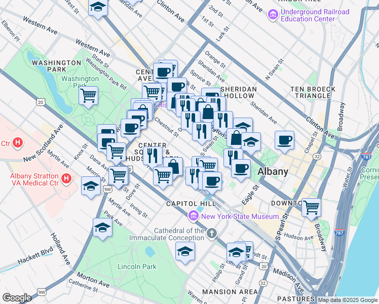 map of restaurants, bars, coffee shops, grocery stores, and more near 100 South Swan Street in Albany