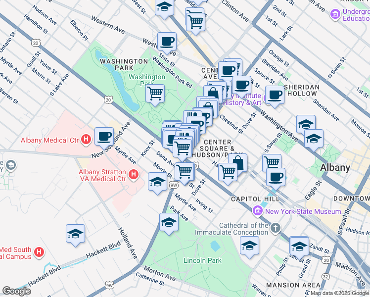 map of restaurants, bars, coffee shops, grocery stores, and more near 12 Delaware Avenue in Albany