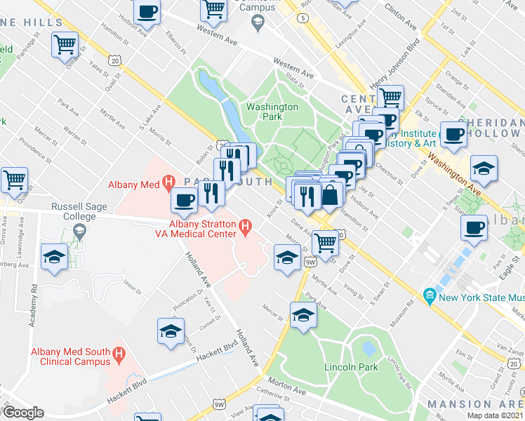 map of restaurants, bars, coffee shops, grocery stores, and more near 78 Morris Street in Albany