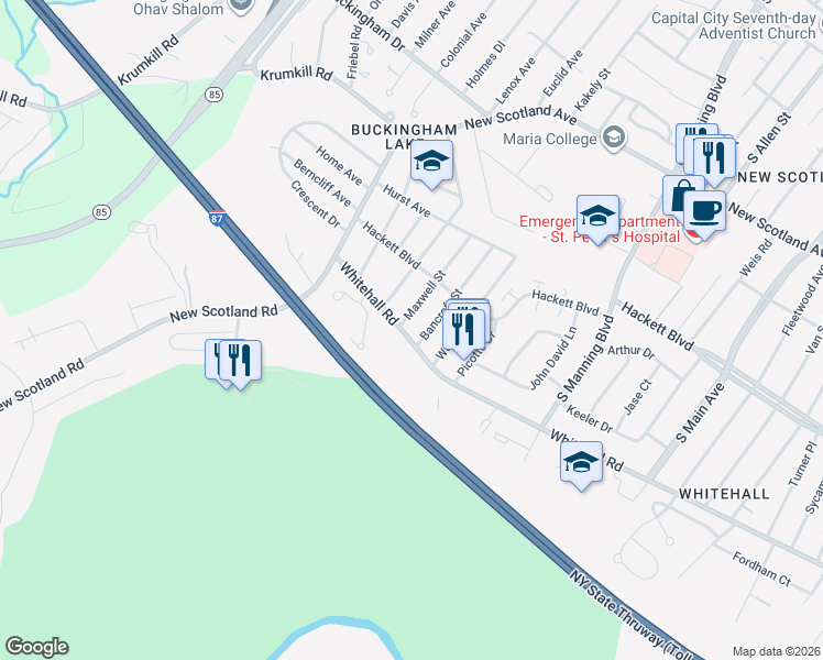 map of restaurants, bars, coffee shops, grocery stores, and more near in Albany