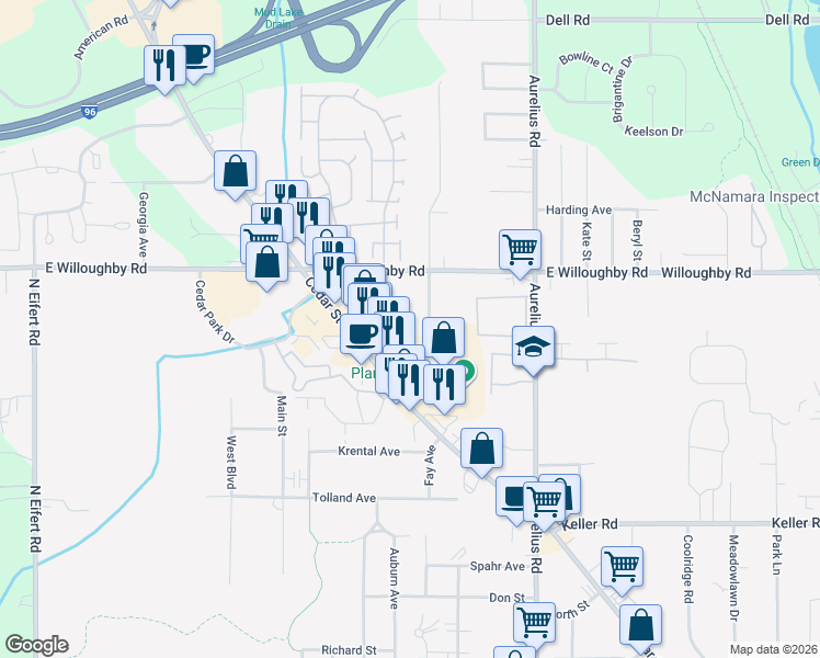 map of restaurants, bars, coffee shops, grocery stores, and more near 2385 Delhi Commerce Drive in Delhi charter Township