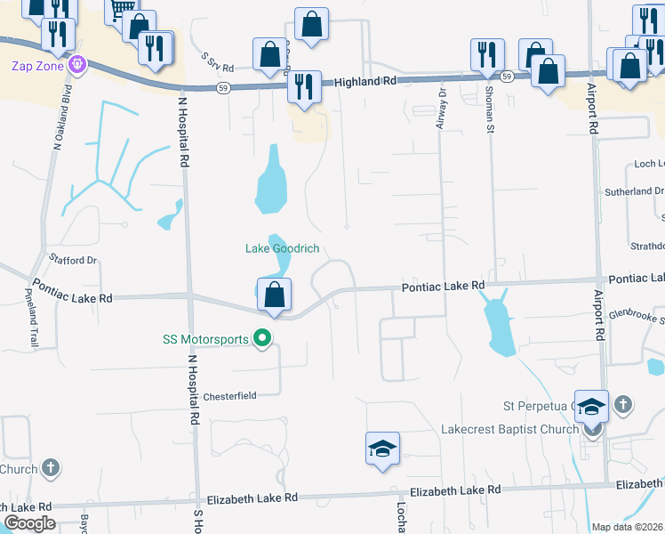 map of restaurants, bars, coffee shops, grocery stores, and more near 1027 Oak Pointe Drive in Waterford Township