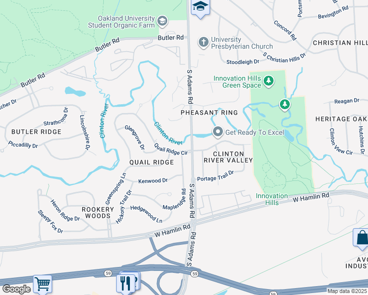 map of restaurants, bars, coffee shops, grocery stores, and more near 3018 Quail Ridge Circle in Rochester Hills