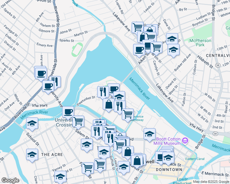 map of restaurants, bars, coffee shops, grocery stores, and more near 62 Perkins Street in Lowell