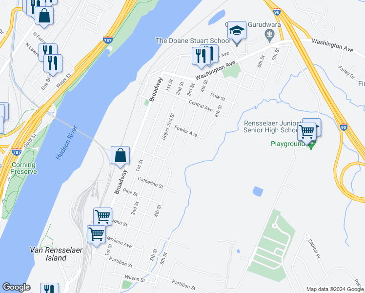 map of restaurants, bars, coffee shops, grocery stores, and more near 1400 4th Street in Rensselaer