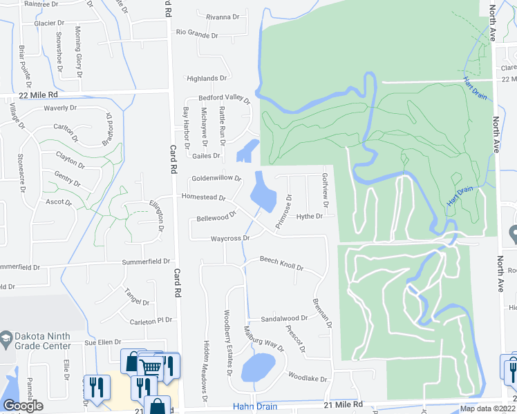 map of restaurants, bars, coffee shops, grocery stores, and more near 22137 Homestead Drive in Macomb