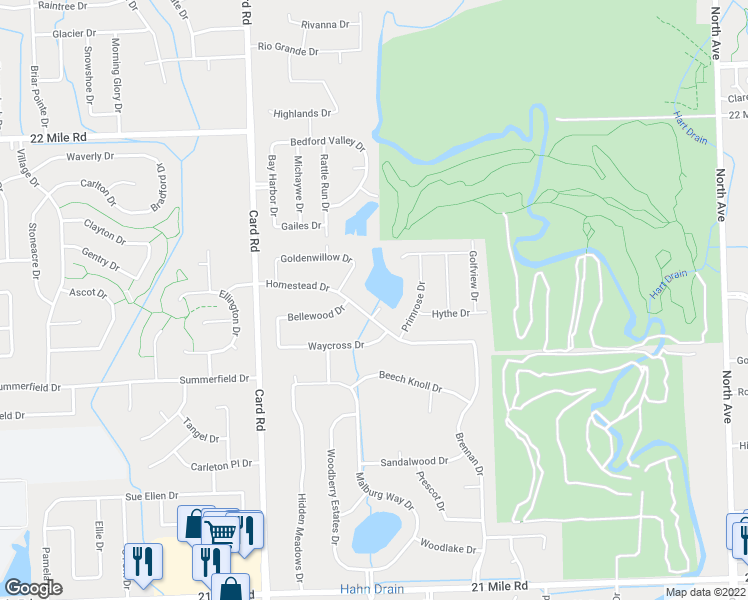 map of restaurants, bars, coffee shops, grocery stores, and more near 22137 Homestead Drive in Macomb