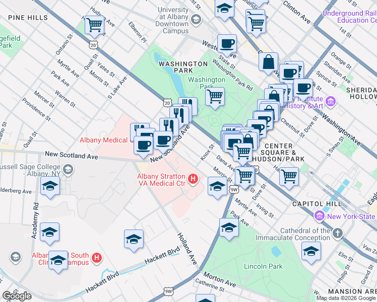map of restaurants, bars, coffee shops, grocery stores, and more near 341 Myrtle Avenue in Albany