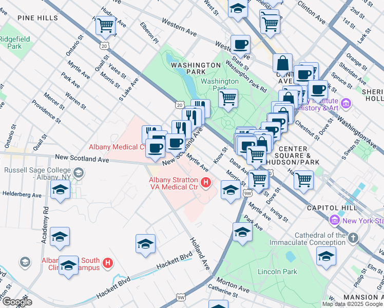 map of restaurants, bars, coffee shops, grocery stores, and more near 341 Myrtle Avenue in Albany