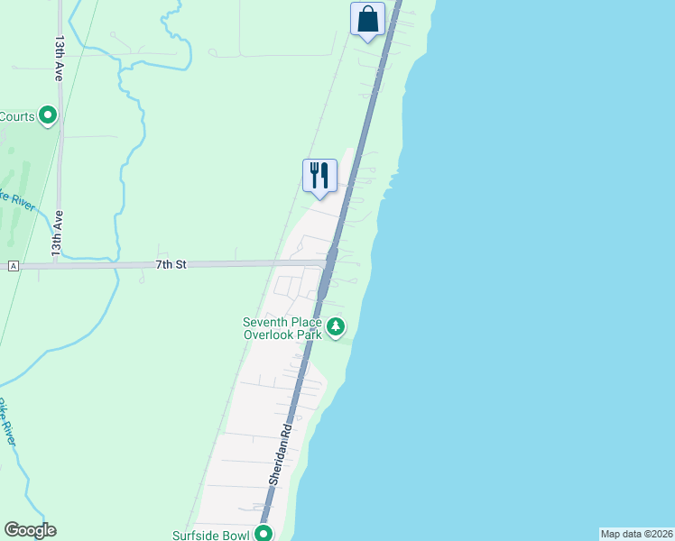 map of restaurants, bars, coffee shops, grocery stores, and more near 705 Sheridan Road in Kenosha