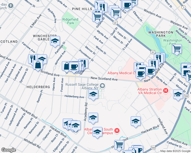 map of restaurants, bars, coffee shops, grocery stores, and more near in Albany