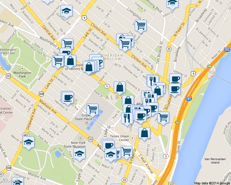 map of restaurants, bars, coffee shops, grocery stores, and more near 10 Hawk Street in Albany