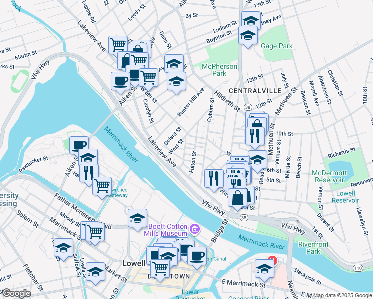 map of restaurants, bars, coffee shops, grocery stores, and more near 24 Stanley Street in Lowell