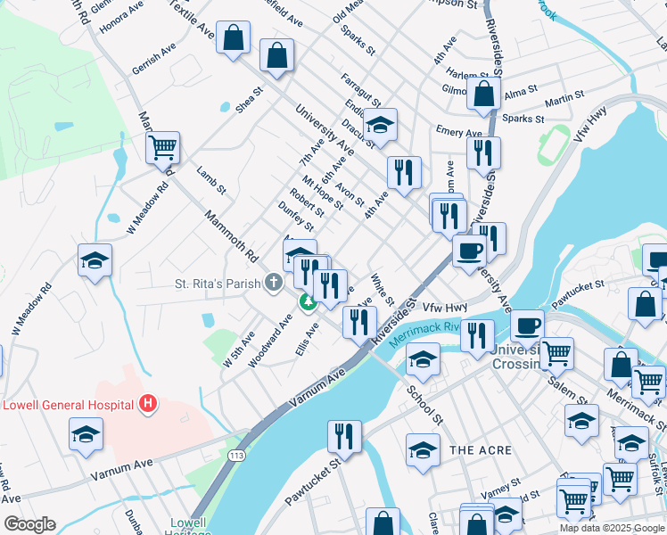 map of restaurants, bars, coffee shops, grocery stores, and more near 50 3rd Avenue in Lowell