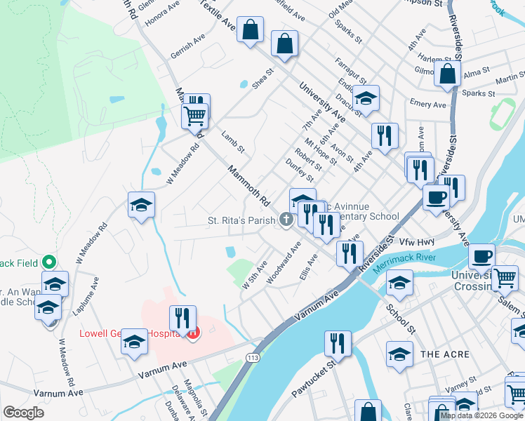 map of restaurants, bars, coffee shops, grocery stores, and more near 25 Columbia Road in Lowell