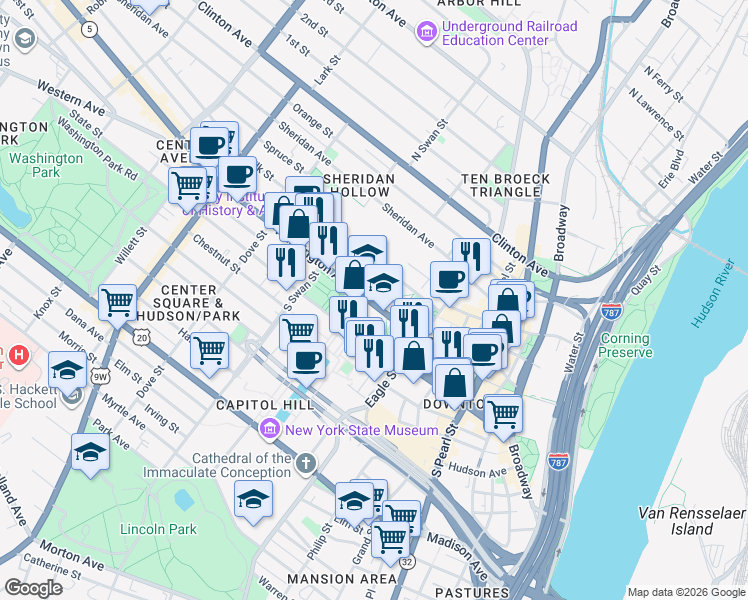 map of restaurants, bars, coffee shops, grocery stores, and more near in Albany
