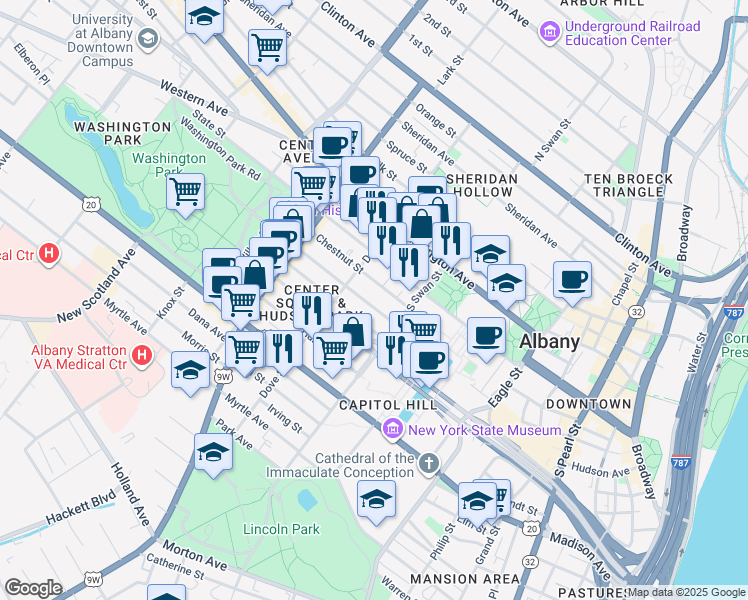 map of restaurants, bars, coffee shops, grocery stores, and more near 139.5 Jay Street in Albany