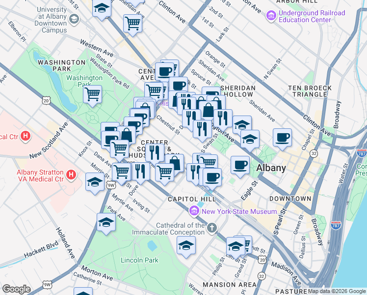 map of restaurants, bars, coffee shops, grocery stores, and more near 139.5 Jay Street in Albany