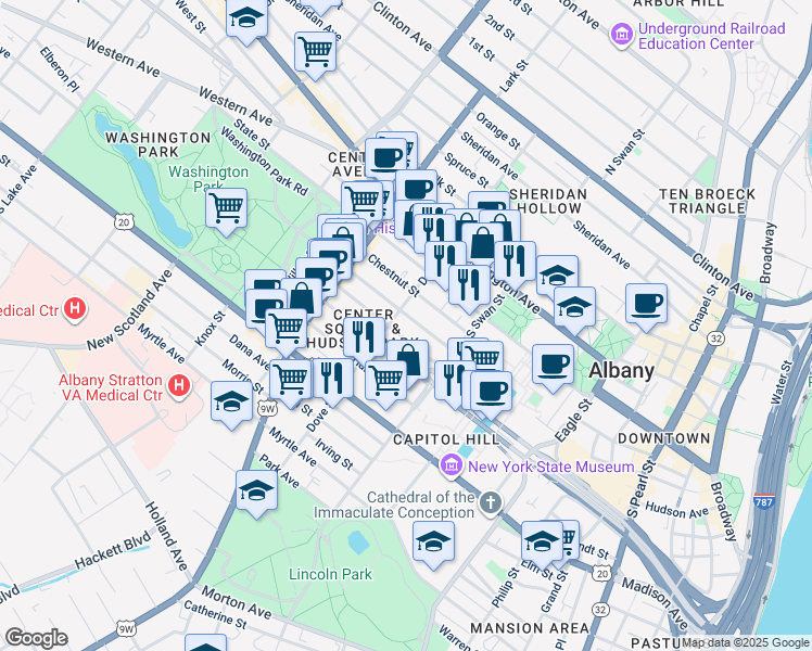 map of restaurants, bars, coffee shops, grocery stores, and more near 139.5 Jay Street in Albany