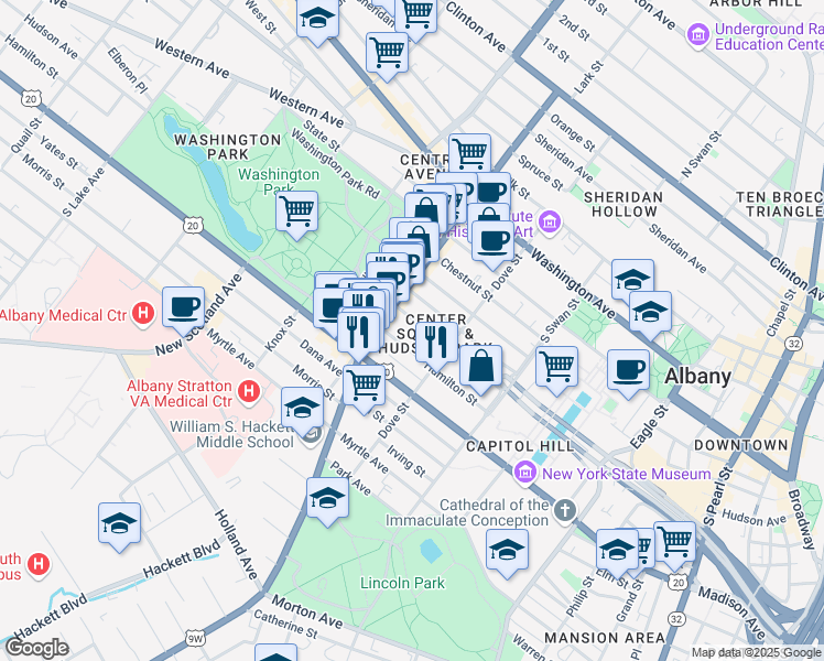 map of restaurants, bars, coffee shops, grocery stores, and more near 107 Dove Street in Albany