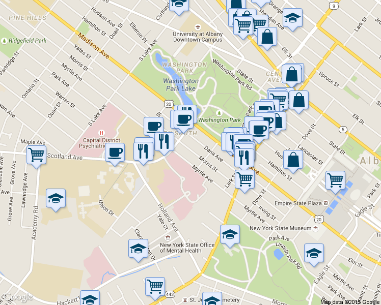 map of restaurants, bars, coffee shops, grocery stores, and more near 341 Myrtle Avenue in Albany