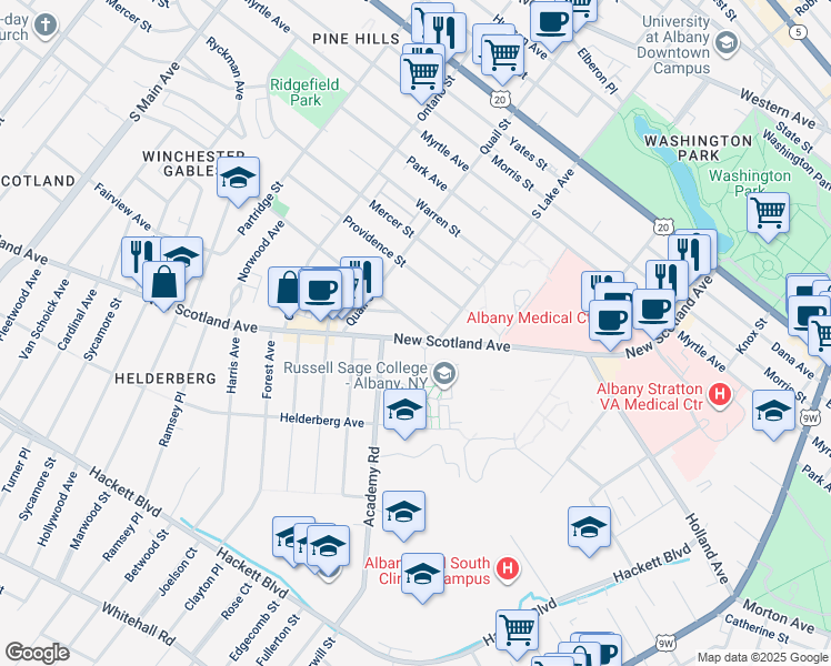 map of restaurants, bars, coffee shops, grocery stores, and more near in Albany