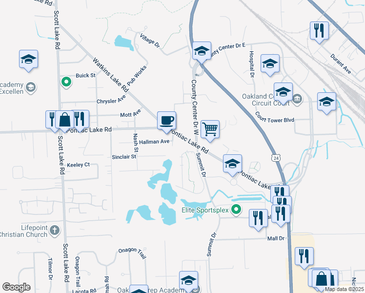 map of restaurants, bars, coffee shops, grocery stores, and more near 866 Alpha Parkway West in Waterford Township