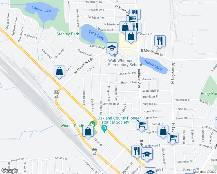 map of restaurants, bars, coffee shops, grocery stores, and more near 152 Pingree Avenue in Pontiac