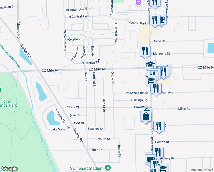 map of restaurants, bars, coffee shops, grocery stores, and more near 48580 Bluebird Drive in Macomb County
