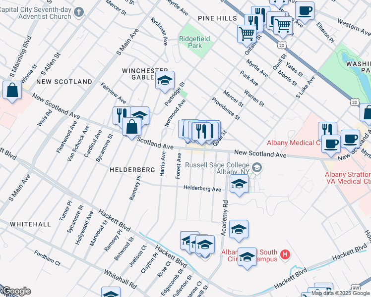 map of restaurants, bars, coffee shops, grocery stores, and more near New Scotland Ave & Ontario St in Albany