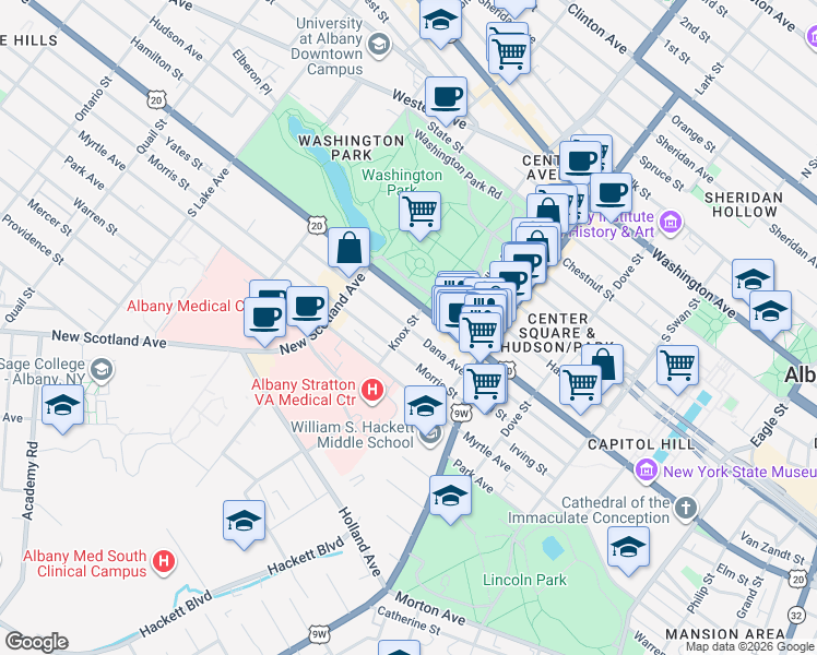 map of restaurants, bars, coffee shops, grocery stores, and more near 134 Knox Street in Albany