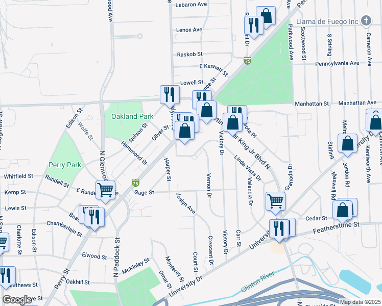 map of restaurants, bars, coffee shops, grocery stores, and more near 729 Linda Vista Drive in Pontiac
